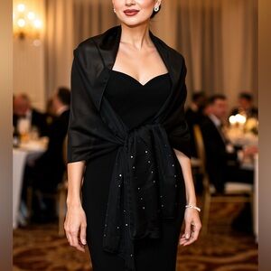 Solid Black scarf silver beads shoulder wrap studs lightweight embellished Shawl